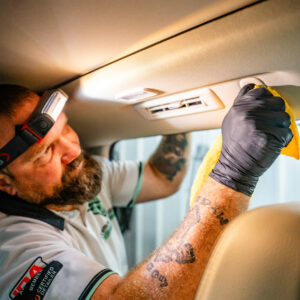 Brain thoroughly cleaning the interior of a car