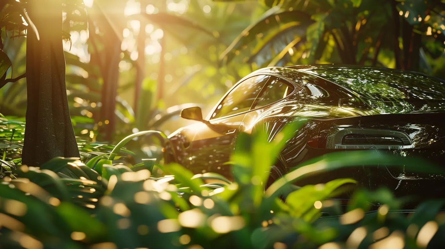 a gleaming, eco-friendly car glistens under the warm sunlight, surrounded by lush greenery that emphasizes its sustainable shine and innovative detailing.