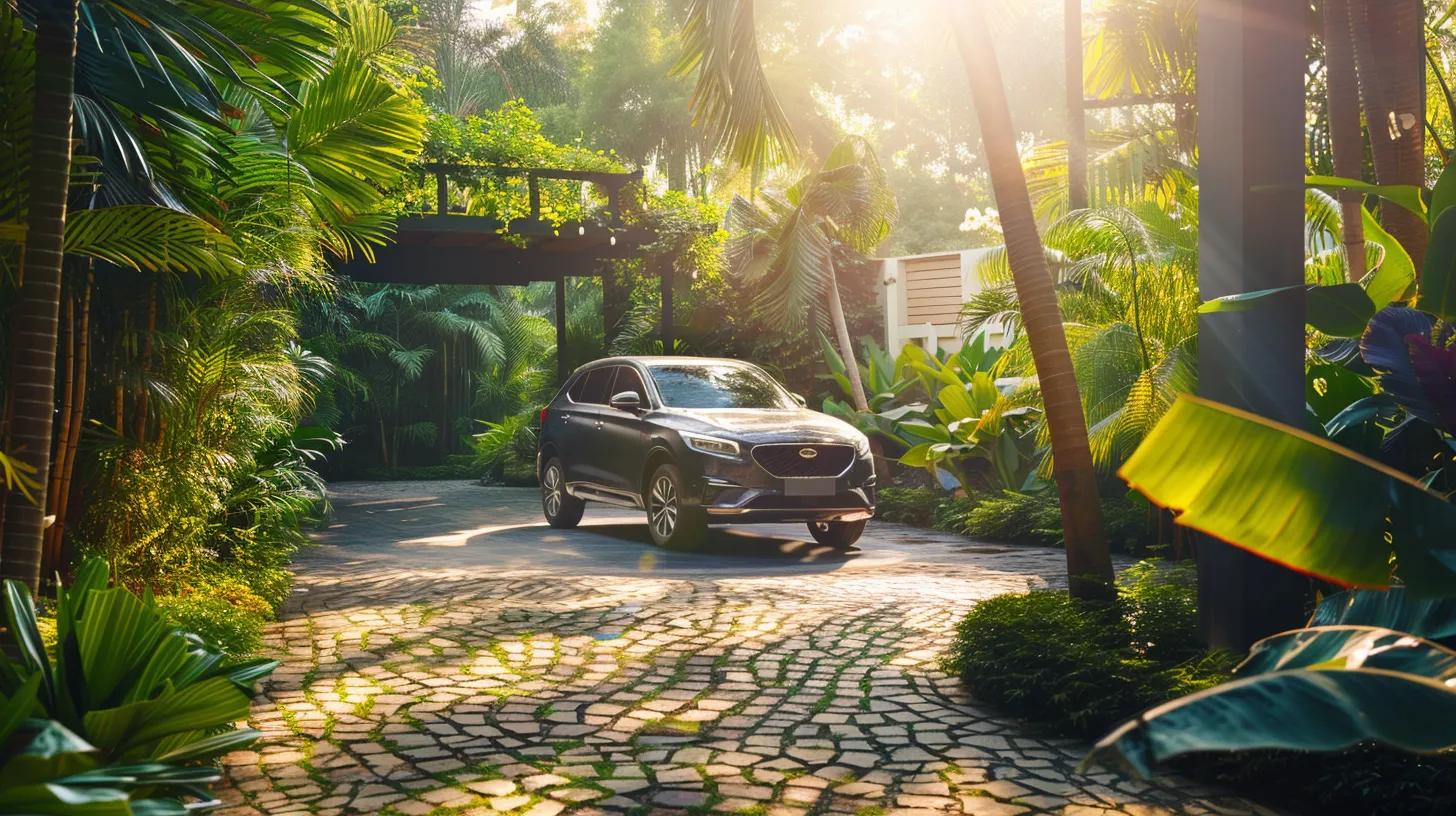 a gleaming, freshly detailed car is parked in a sun-drenched outdoor setting, showcasing its spotless exterior and pristine interior, surrounded by lush greenery that highlights the eco-friendly cleaning process.