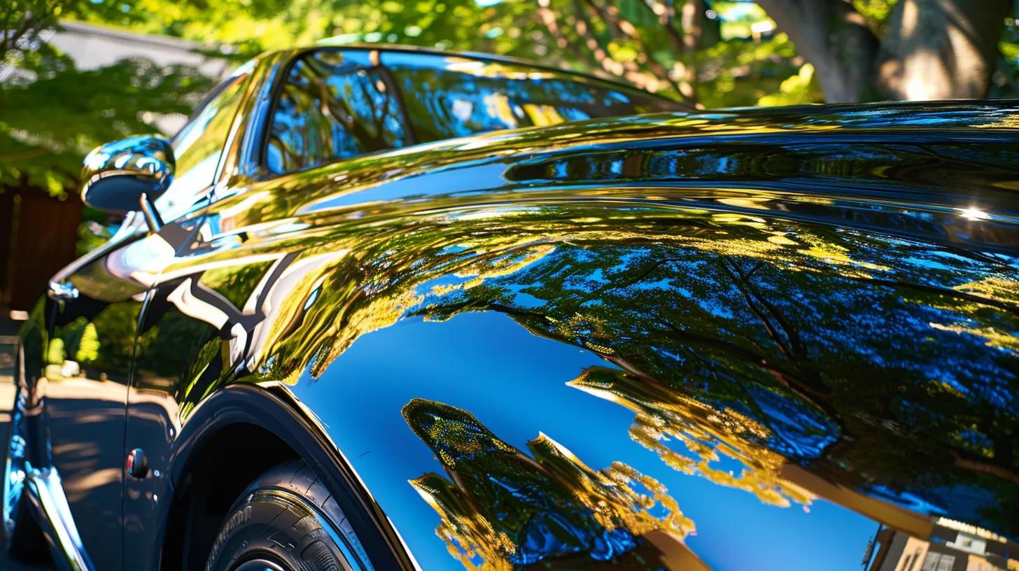 a gleaming, perfectly polished car reflects vibrant sunlight, showcasing the protective sheen of ceramic coating as it guards against uv damage in a stunning outdoor setting.