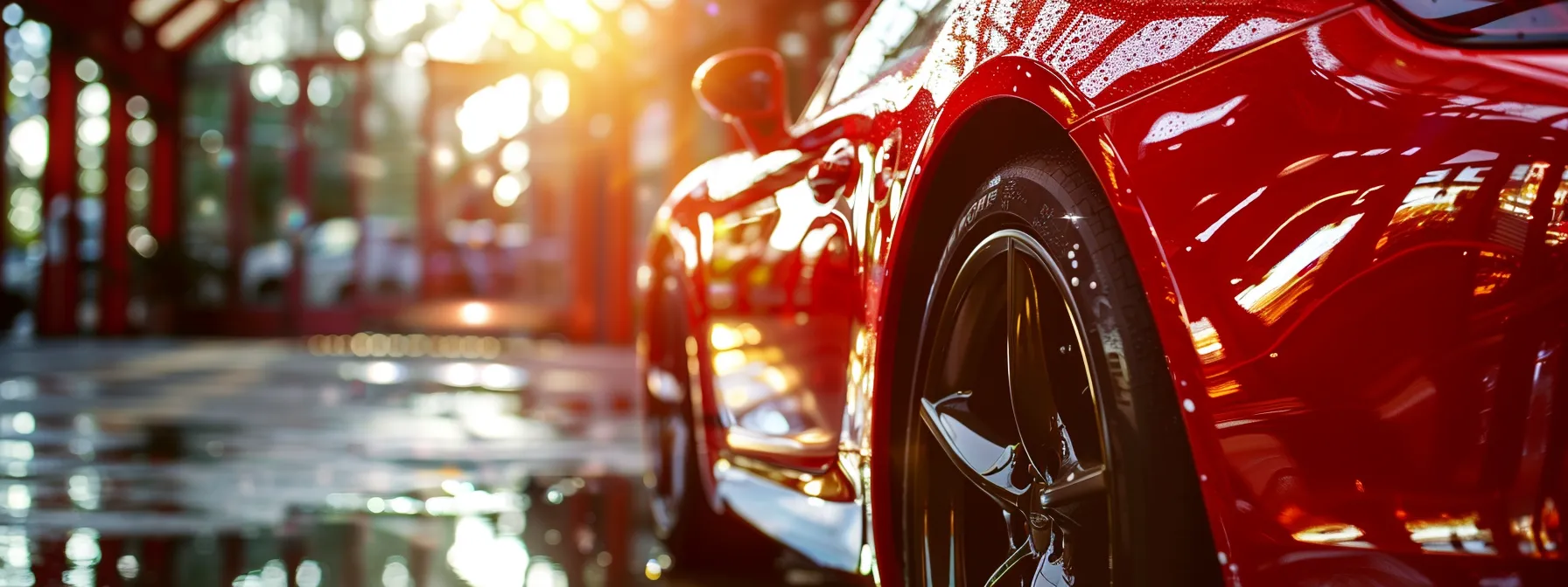 a gleaming red car coated in ceramic protection, shimmering under the sunlight.