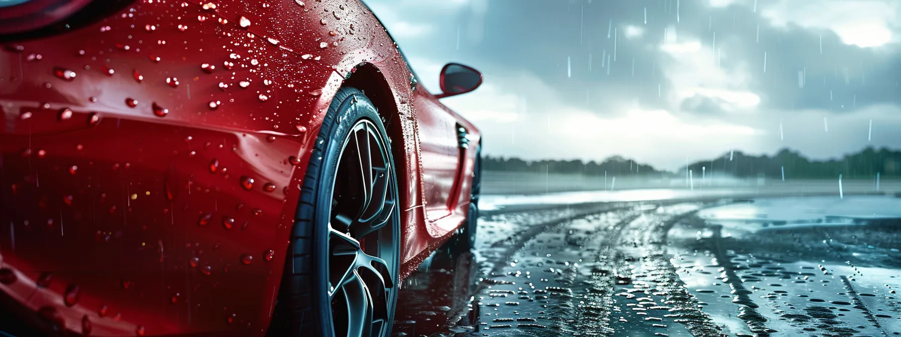 a sparkling red sports car covered in raindrops, its ceramic coating glistening under stormy skies.