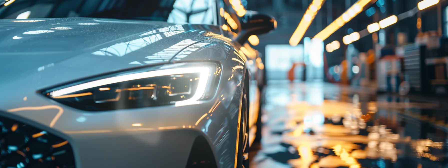 a gleaming car exterior shines under the careful detailing process, with focused technicians restoring every surface to perfection.