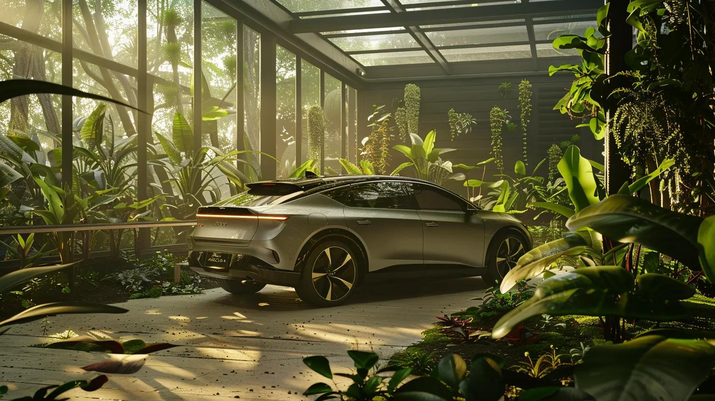 a gleaming eco-friendly car, surrounded by vibrant greenery and sustainable detailing products, captures a vision of the future in environmentally conscious vehicle care.