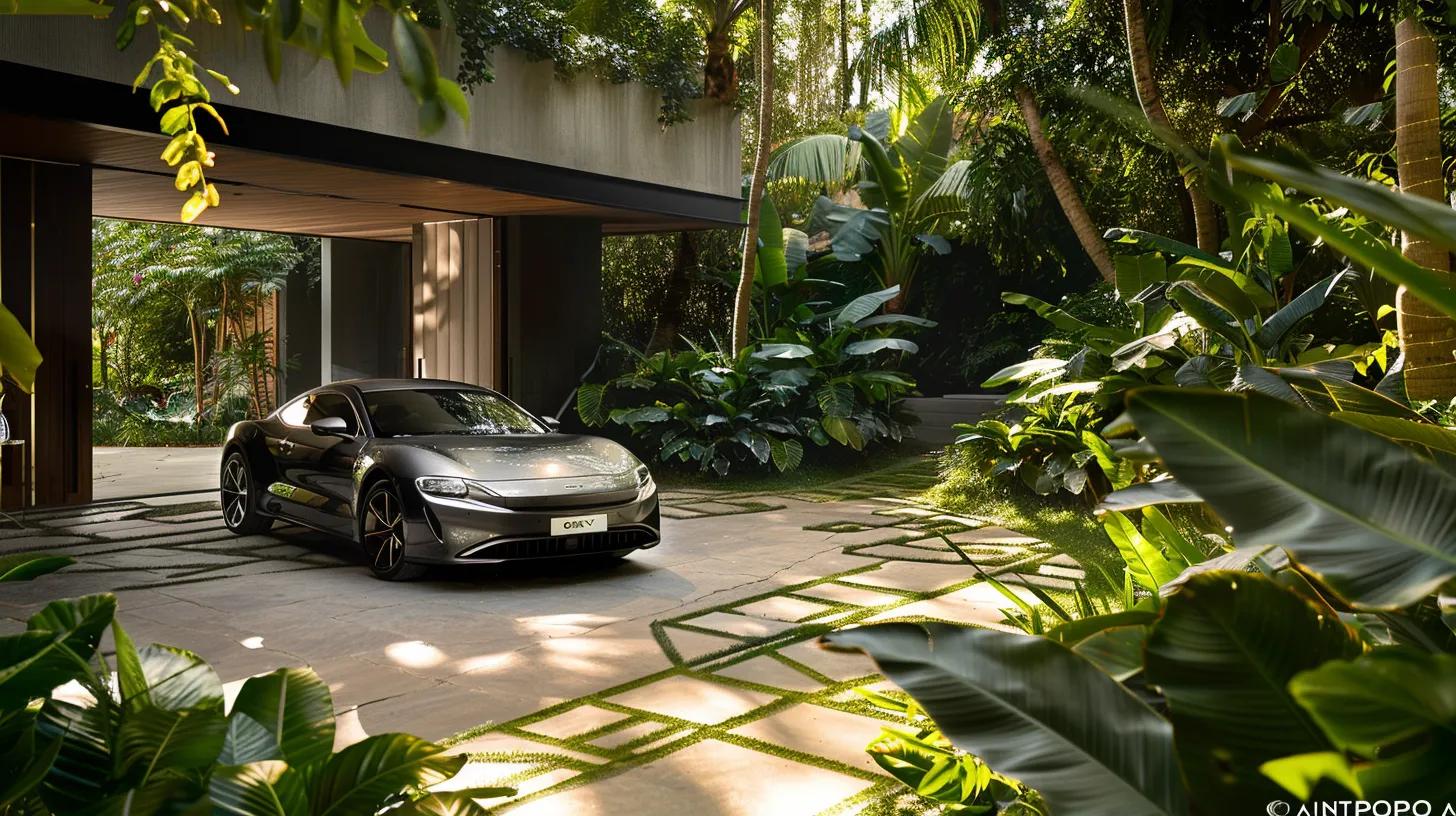 a gleaming, eco-friendly car gleams under soft sunlight in a lush green driveway, surrounded by vibrant plants and water-saving detailing tools, symbolizing sustainable vehicle care and environmental consciousness.