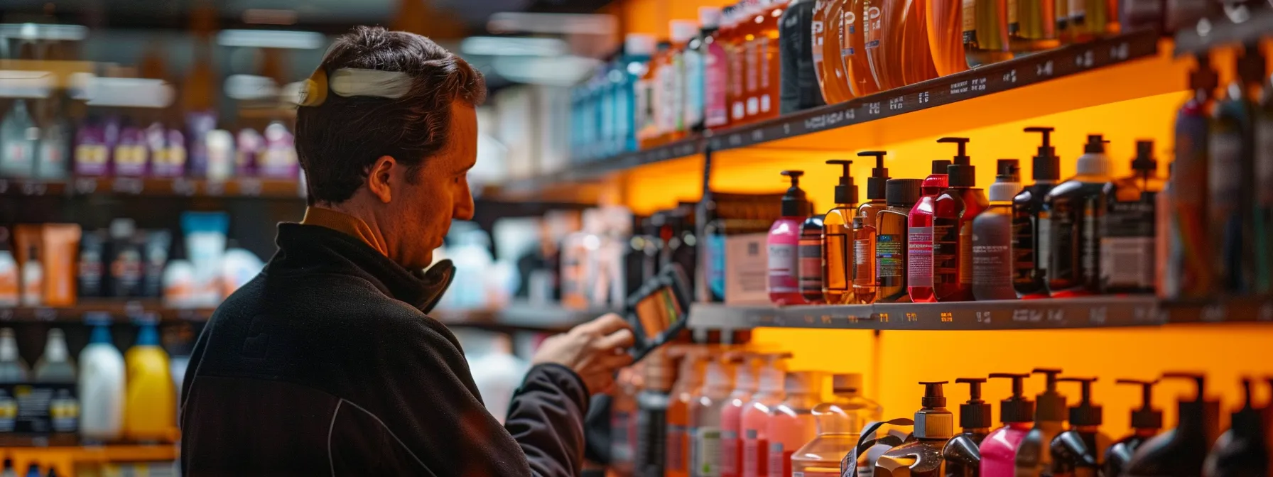 a person examining a variety of auto detailing products displayed in a shop, pondering over which one to choose.