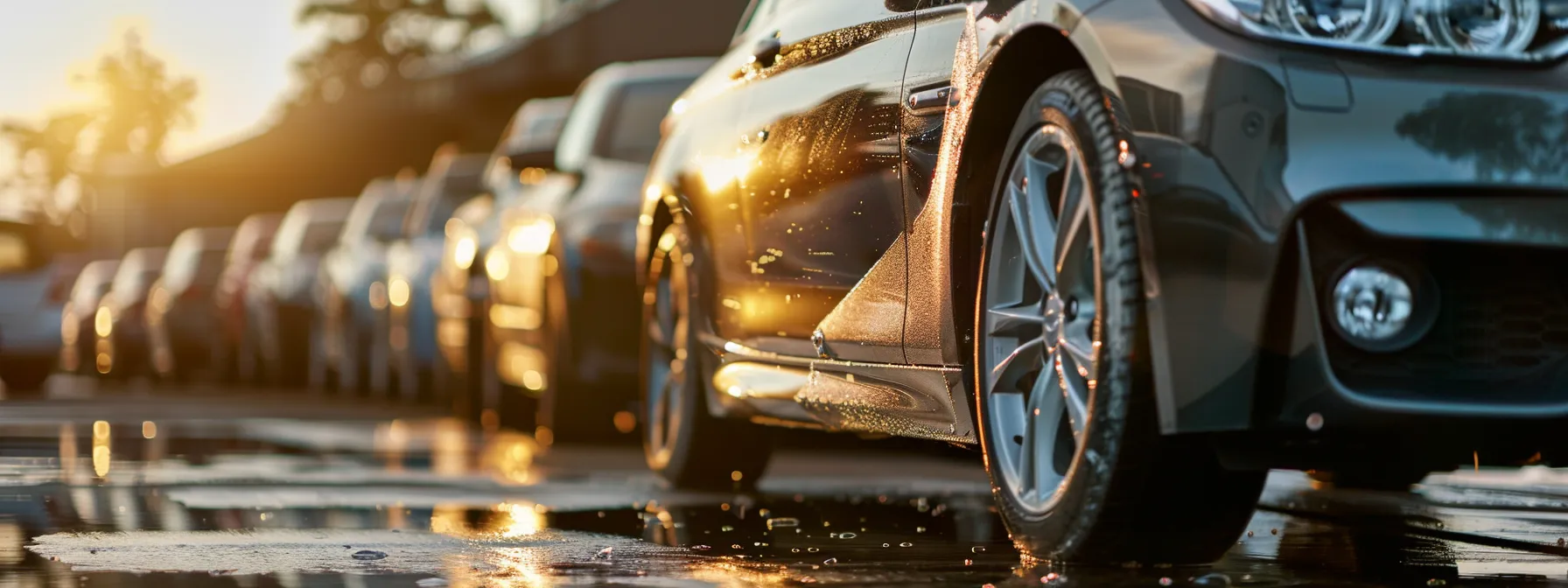 a shiny and spotless car being meticulously detailed by a mobile detailing service, standing out against a row of cars getting a traditional car wash in the background.