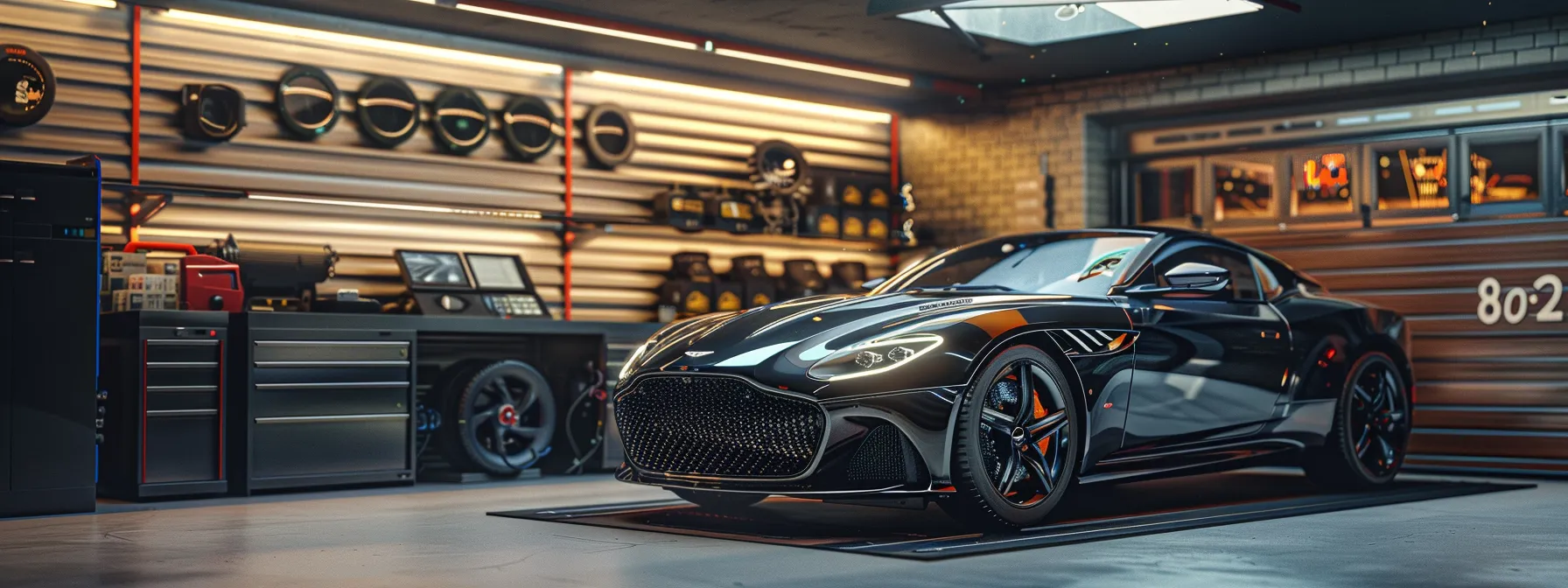 a shiny black sports car parked in front of a garage with different auto detailing packages displayed on a signboard.