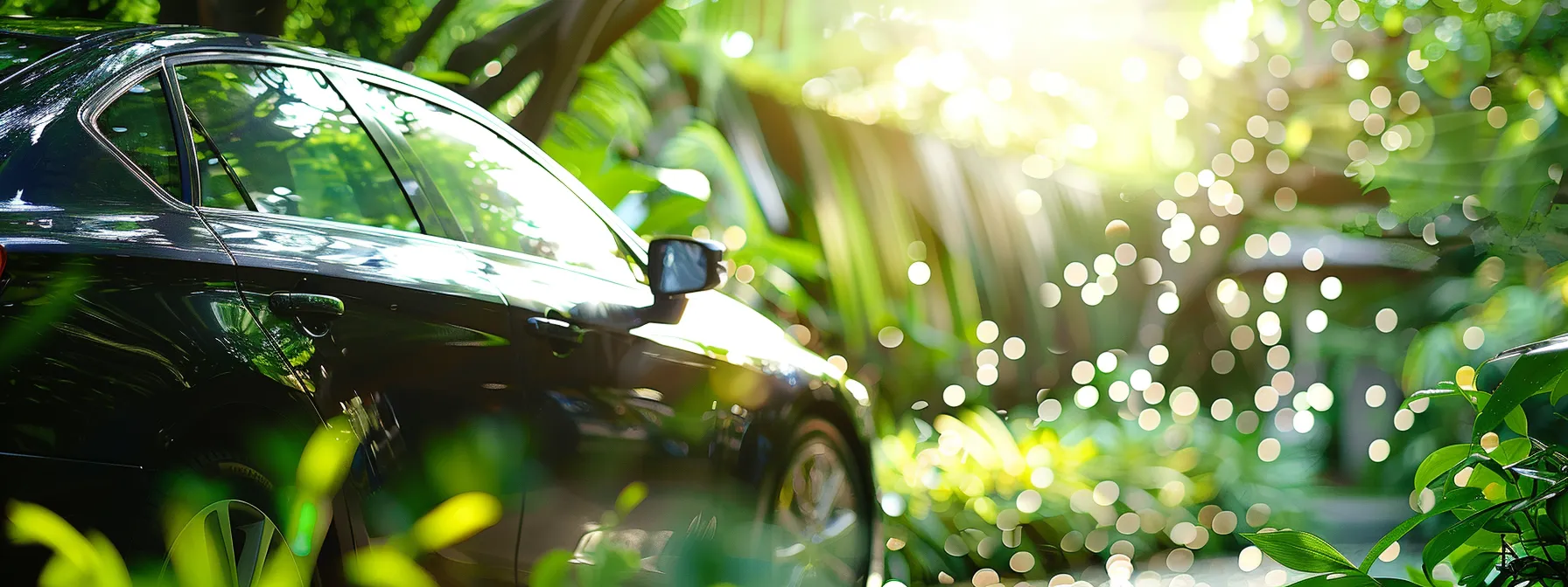 a shiny, well-maintained car gleaming under the sun, surrounded by lush greenery, showcasing the benefits of regular care and protective measures.