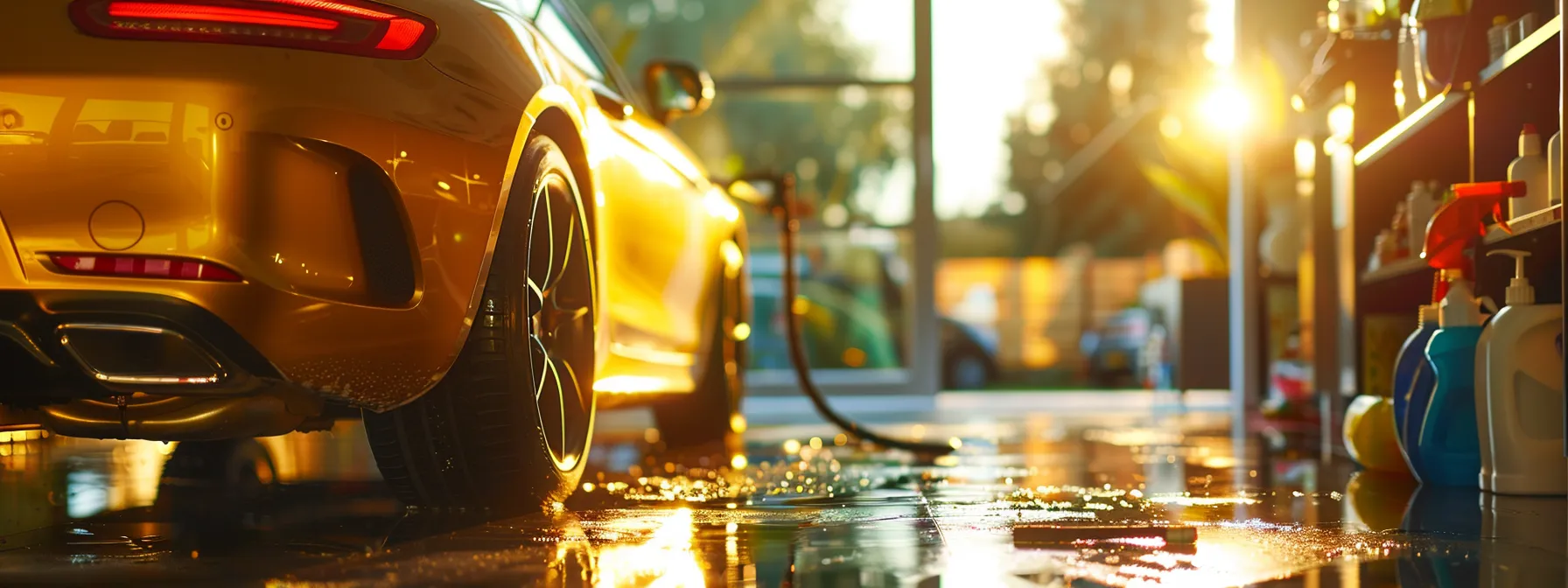 a shiny, well-maintained car gleaming under the sunlight, surrounded by cleaning products and tools.