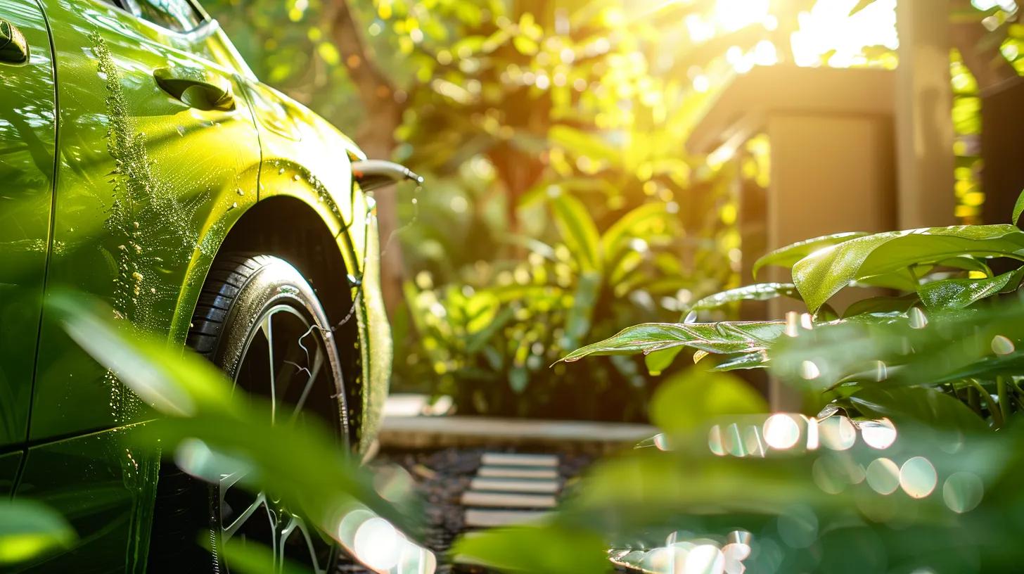 a vibrant green car being meticulously detailed with eco-friendly products in a sunlit outdoor setting, surrounded by lush foliage that symbolizes sustainability and care for the environment.