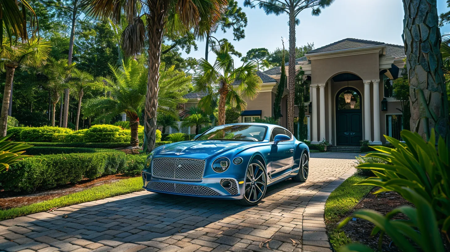 a gleaming luxury car, freshly detailed, sits prominently in a sunlit bluffton driveway, showcasing its vibrant paint and spotless interior, surrounded by lush greenery that highlights its pristine condition.