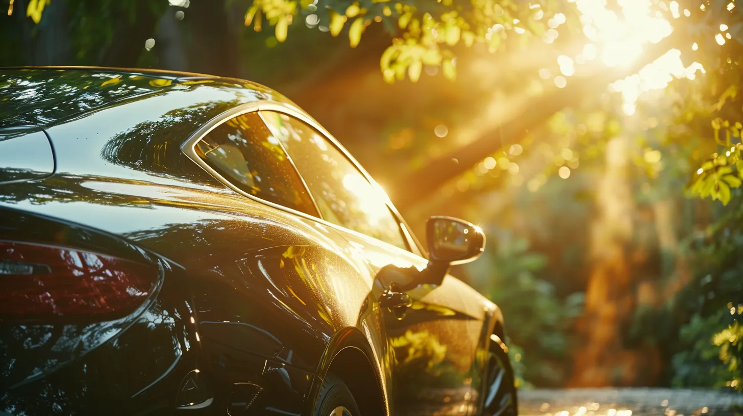 a gleaming, meticulously detailed car parked under soft, golden sunlight, showcasing its pristine finish against a backdrop of lush greenery, symbolizing the value and accessibility of affordable car detailing services.