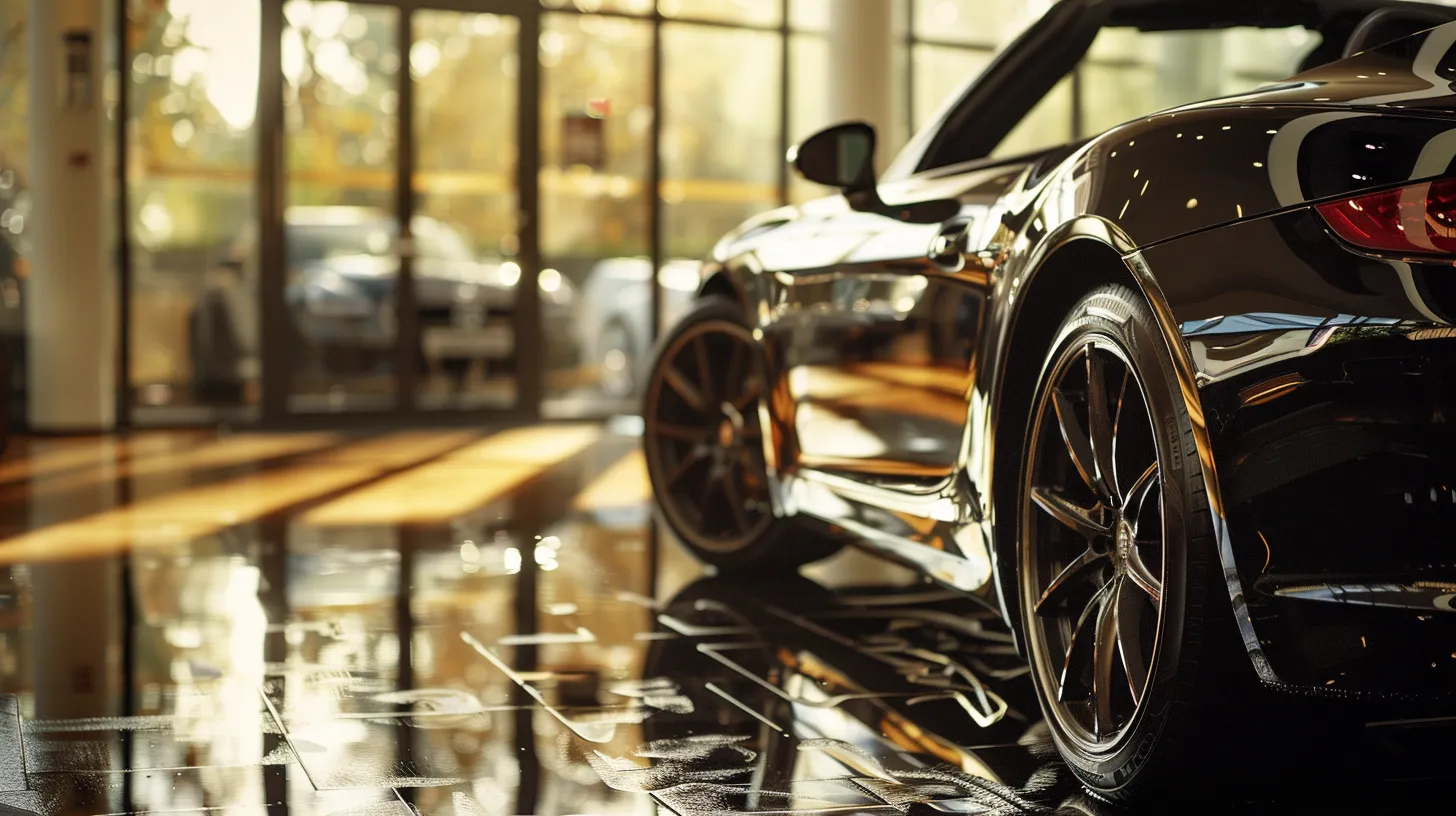a gleaming, meticulously detailed car parked in an upscale detailing shop, bathed in soft, natural light that accentuates its pristine finish and showcases quality craftsmanship.
