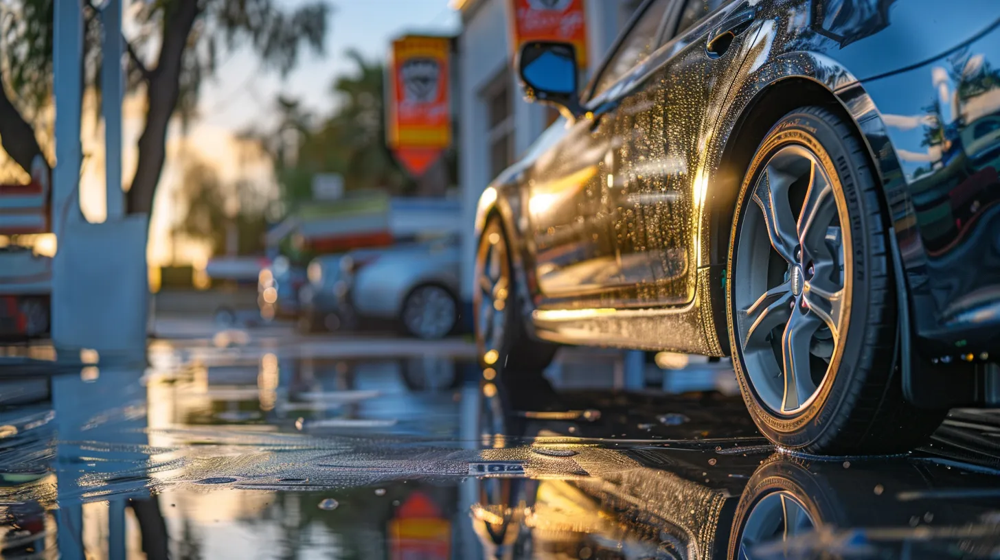 a gleaming, recently detailed car reflects vibrant sunlight, parked in front of a local auto detailing shop adorned with seasonal sale banners, conveying the essence of premium service and unbeatable value.