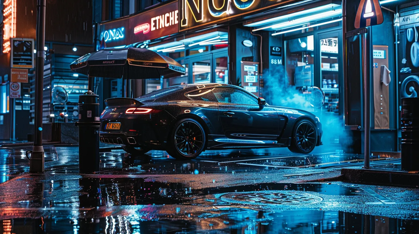 a high-contrast photograph depicting a gleaming, freshly detailed car parked stylishly beside a traditional detailing setup, showcasing the modern efficiency of mobile services against a backdrop of vibrant urban scenery.