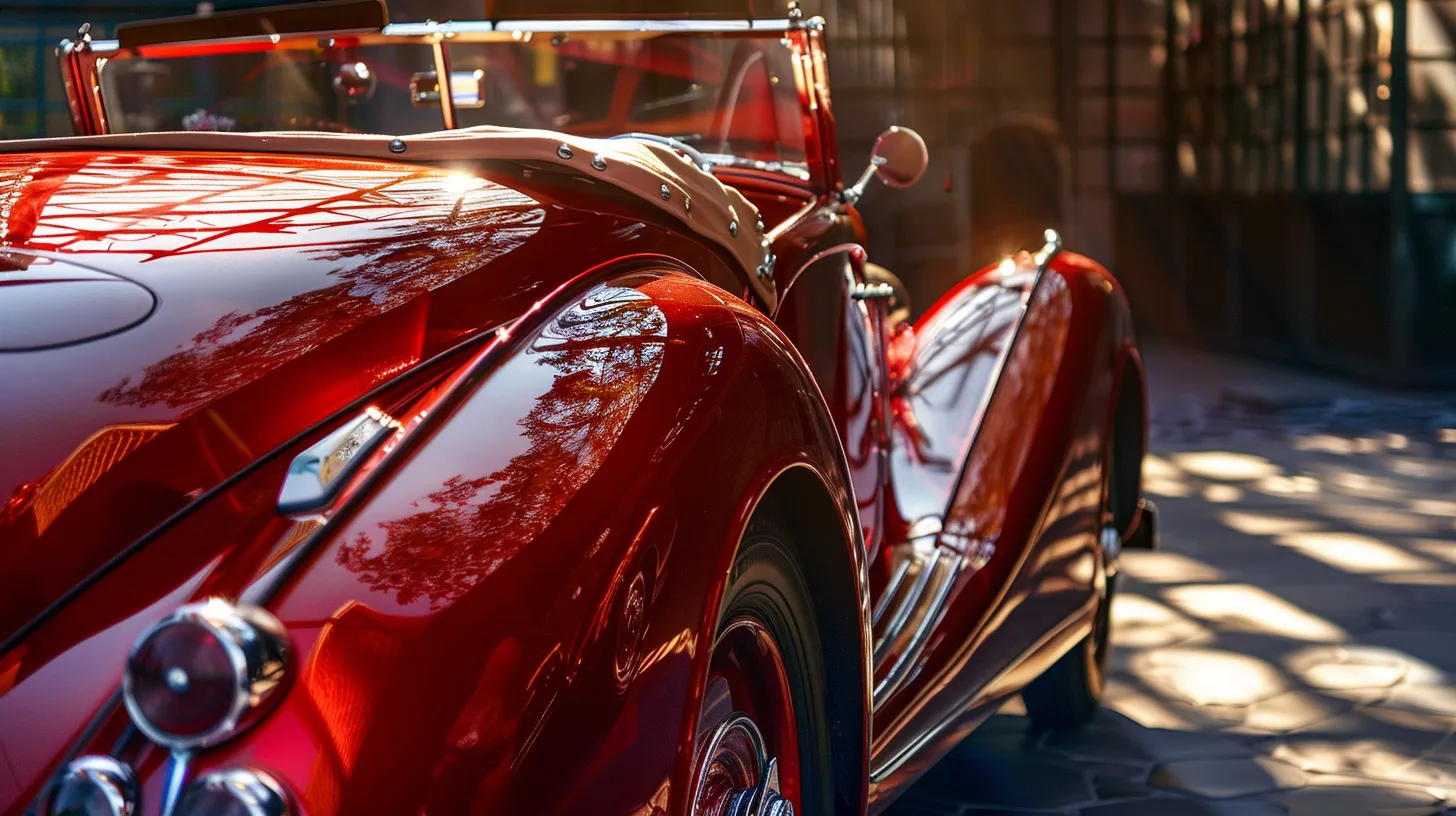 a pristine vintage car gleams under the warm sunlight in a traditional car detailing service, showcasing meticulous craftsmanship and vibrant colors that evoke a sense of nostalgia and quality care. a pristine vintage car gleams under the warm sunlight in a traditional car detailing service, showcasing meticulous craftsmanship and vibrant colors that evoke a sense of nostalgia and quality care.
