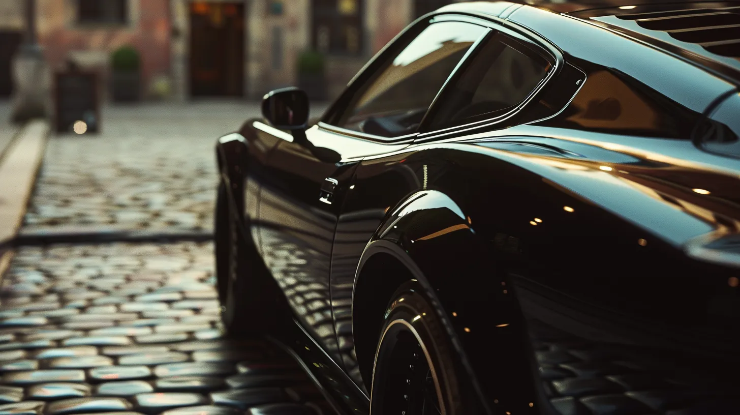 a sleek black car gleams under soft sunlight, showcasing a brilliant, mirror-like finish that highlights its deep color and luxurious aesthetics, emphasizing the transformative effect of ceramic coatings.