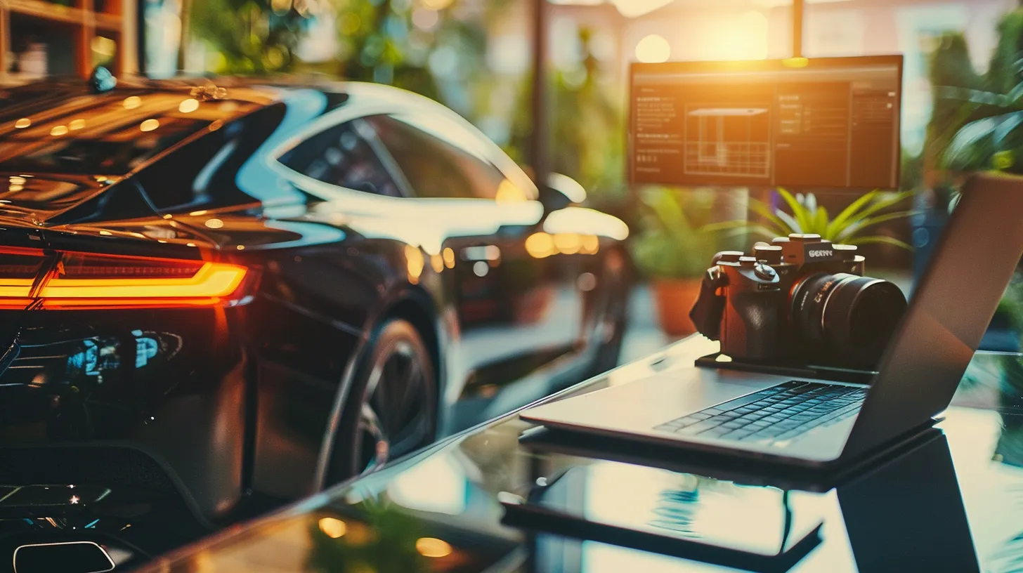 a sleek black car gleams under bright sunlight, showcasing a recently applied ceramic coating that enhances its glossy surface, against a backdrop of a modern online shopping interface displayed on a sleek laptop.