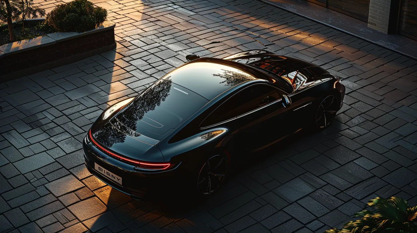 a sleek, black car gleams under the soft glow of evening light, showcasing a flawless ceramic-coated finish that reflects its surroundings like a polished jewel.