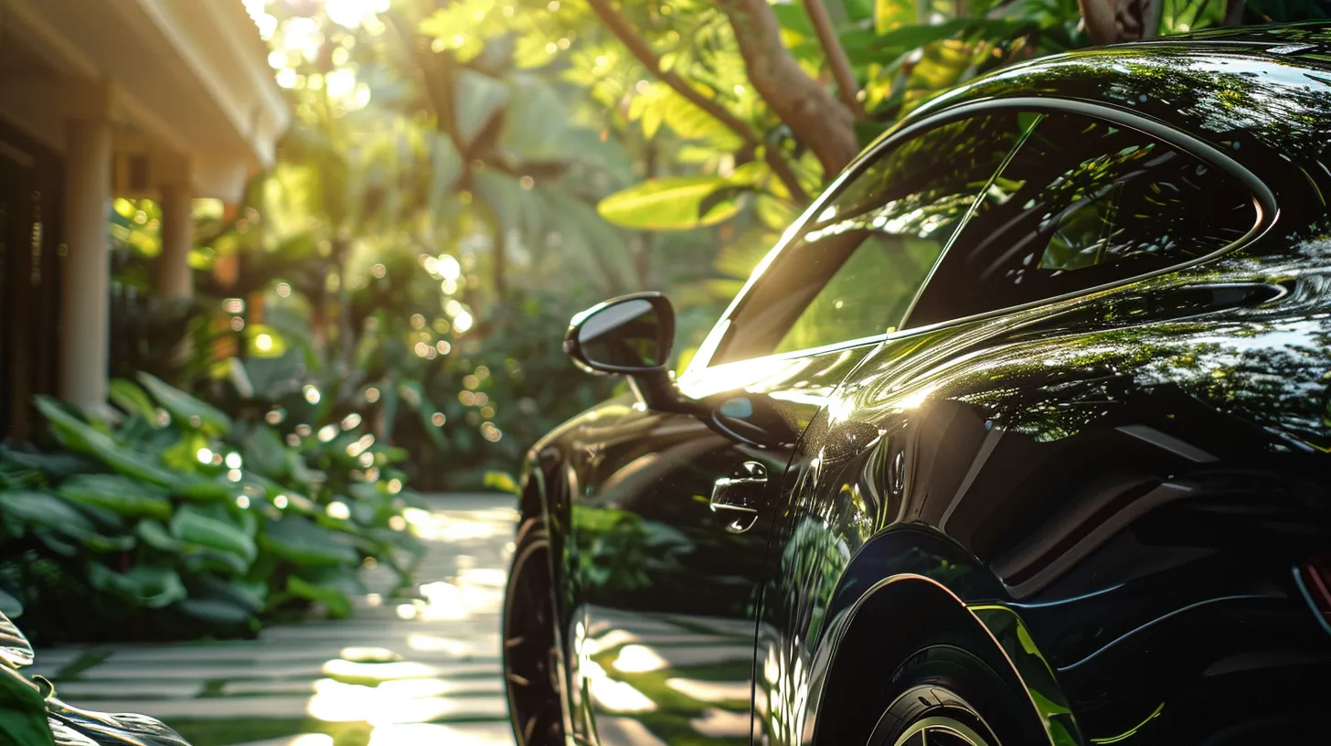 a sleek, black car shines under soft sunlight, showcasing its flawless ceramic-coated surface that reflects vibrant greenery, symbolizing premium vehicle protection and elegance.