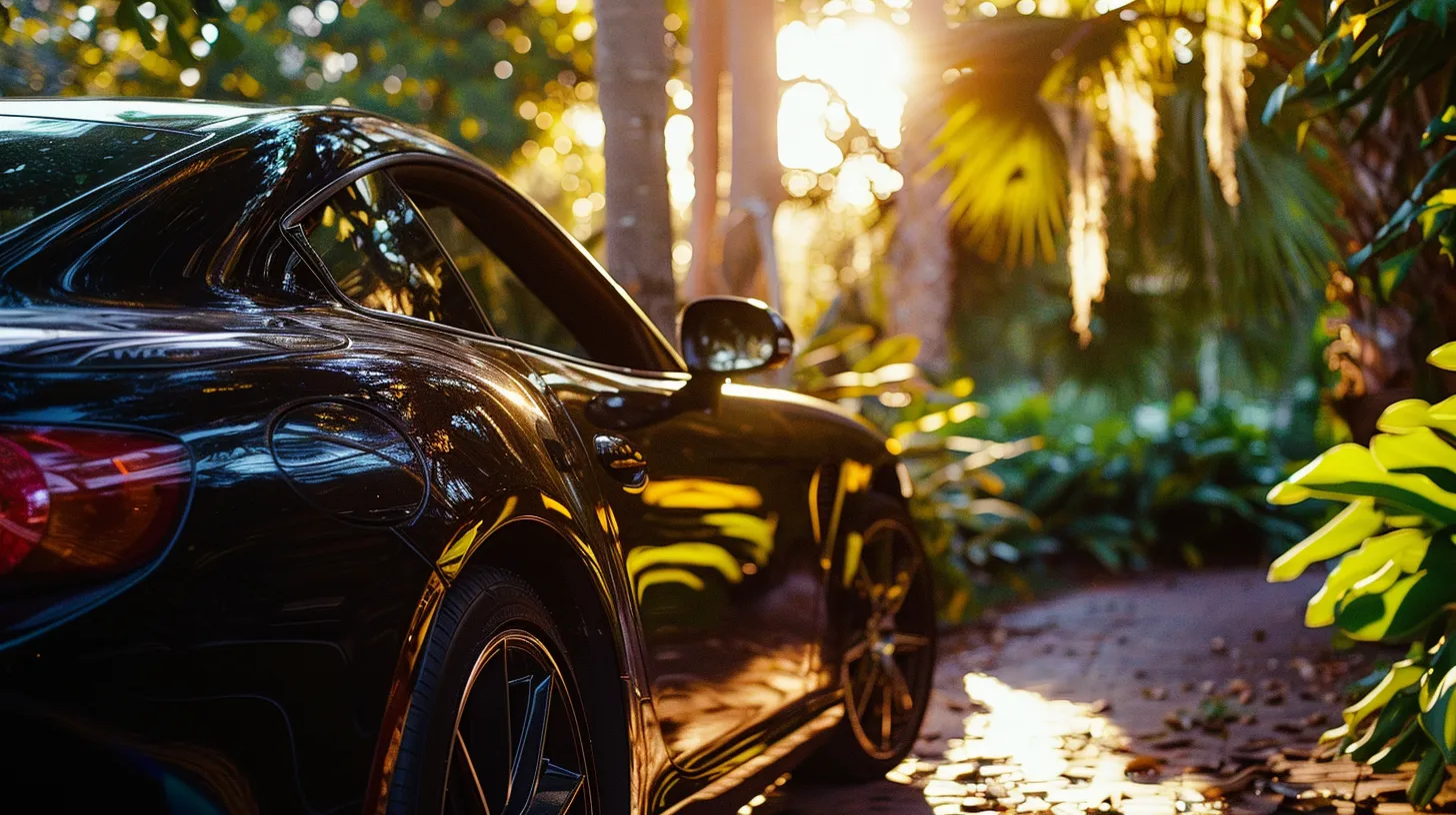 a sleek, freshly detailed car gleams under the warm afternoon sun, surrounded by lush greenery, emphasizing the premium quality and care of bluffton's best car detailing service.