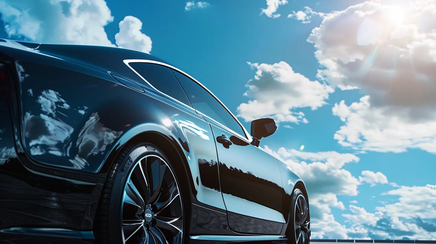 a sleek, glossy black vehicle glistens under bright sunlight, showcasing a flawless ceramic coating that highlights its deep, rich color, with a backdrop of a blue sky and soft clouds that accentuates the car's pristine finish.