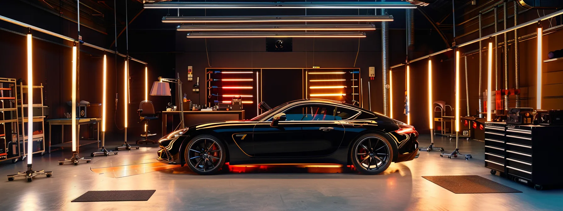 a sleek, polished car gleams under the bright, artificial lights of a modern car detailing studio, showcasing the meticulous work of professional equipment and pristine tools arranged neatly in the background. a sleek, polished car gleams under the bright, artificial lights of a modern car detailing studio, showcasing the meticulous work of professional equipment and pristine tools arranged neatly in the background.