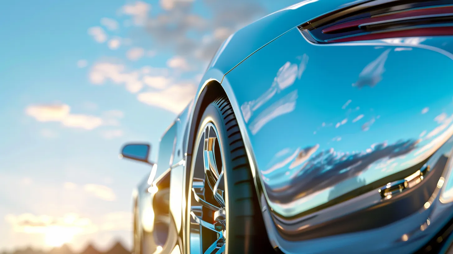 a sleek, pristine luxury car gleams under soft, natural light, showcasing the impeccable finish achieved through premium detailing, while reflecting vivid colors from a clear blue sky above.
