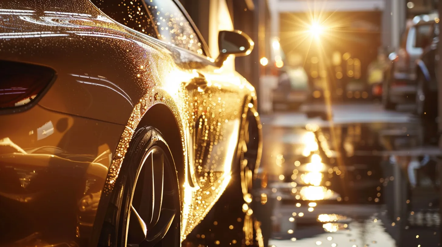 a vibrant comparison of a gleaming car after an affordable detailing service stands alongside a luxurious vehicle showcasing an intricately polished surface, both bathed in golden sunlight to highlight the contrasting effects of budget-friendly versus premium car care.
