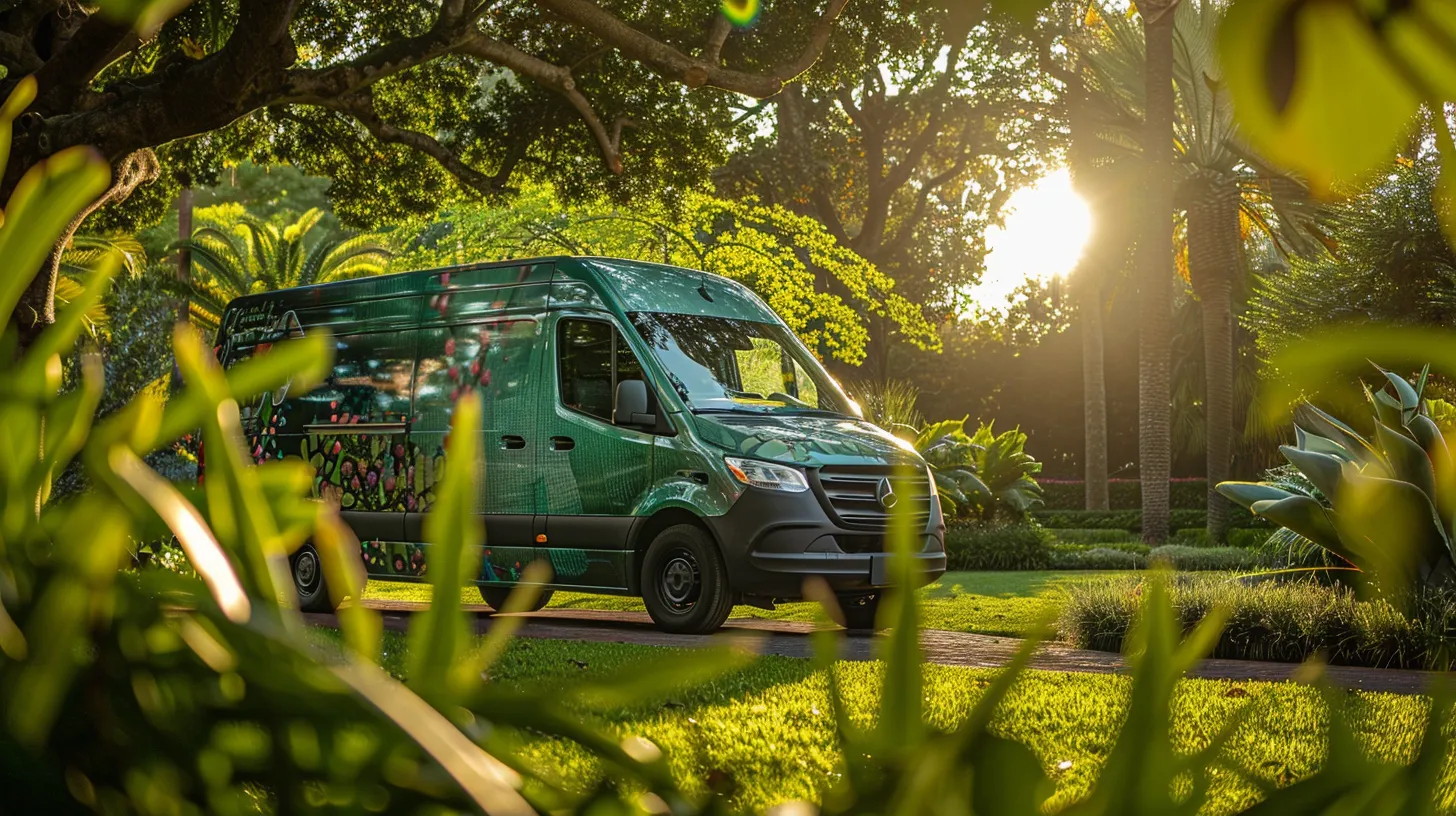 a vibrant mobile detailing van parked in a lush green environment, showcasing eco-friendly products and water conservation practices under soft, natural sunlight, emphasizing sustainable cleaning solutions. a vibrant mobile detailing van parked in a lush green environment, showcasing eco-friendly products and water conservation practices under soft, natural sunlight, emphasizing sustainable cleaning solutions.