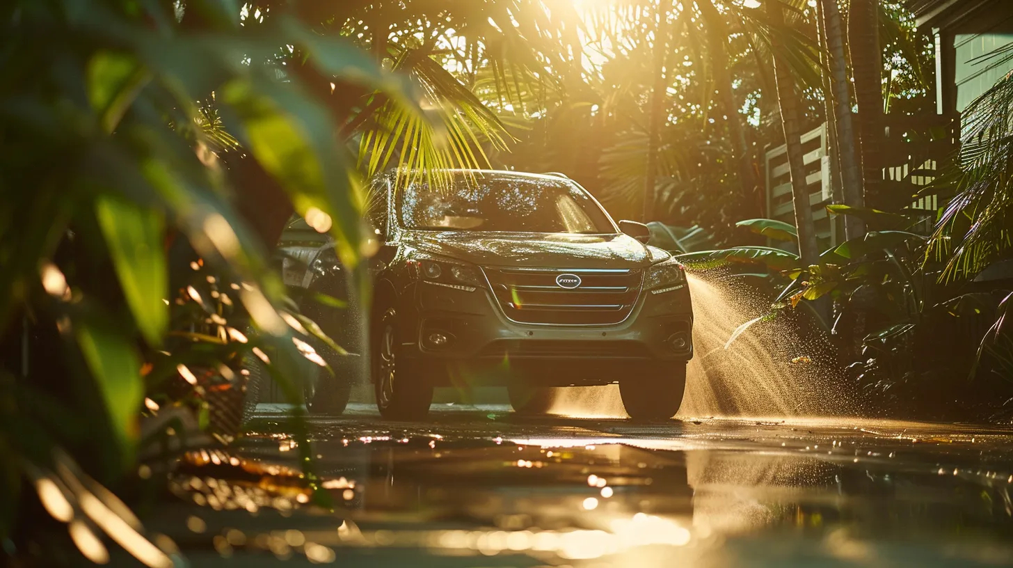 a vibrant scene showing an eco-friendly car detailing service in bluffton, featuring a pristine vehicle being cleaned with biodegradable products under natural sunlight, surrounded by lush greenery.
