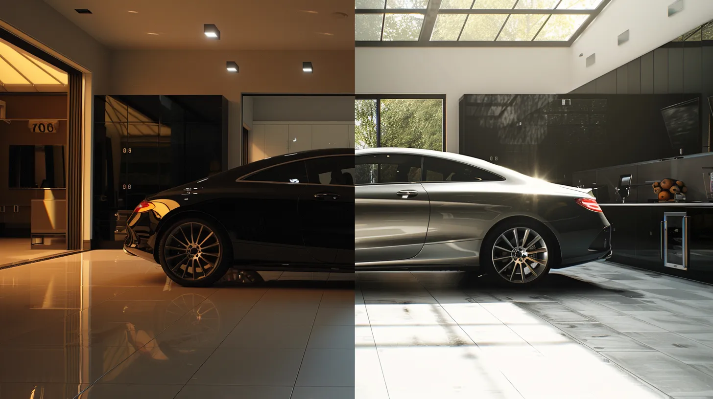 a visually striking before-and-after comparison showcases a gleaming car post-premium detailing, highlighting the pristine paintwork and ultra-clean interior against a contrasting, dusty pre-detailing state, illuminated by soft natural light to accentuate the transformation.
