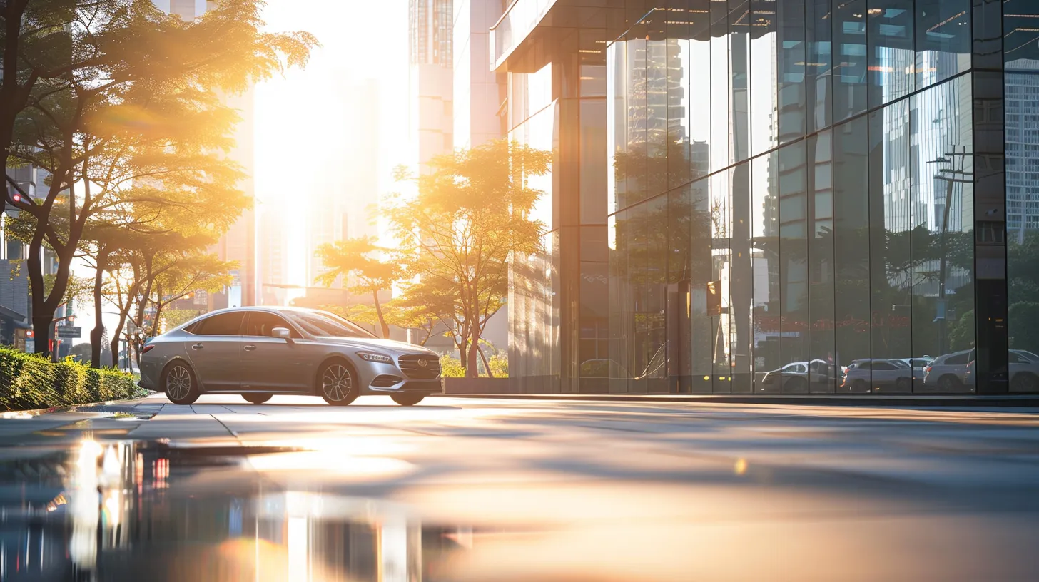 a well-maintained car gleams under the warm sunlight, showcasing the contrast between vibrant reflections on its premium detailing versus the subtle imperfections of affordable services, set against a sleek urban backdrop.