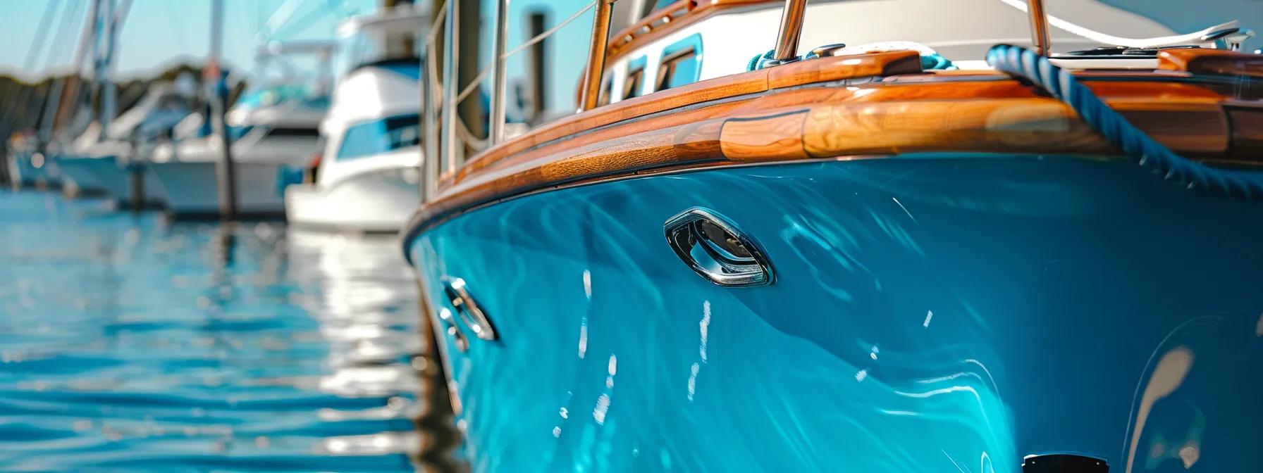 a close-up shot of a well-maintained boat docked in beaufort, sc, showcasing its gleaming surface, clear waterline, and vibrant anti-fouling paint under the warm afternoon sun, emphasizing the importance of professional detailing.