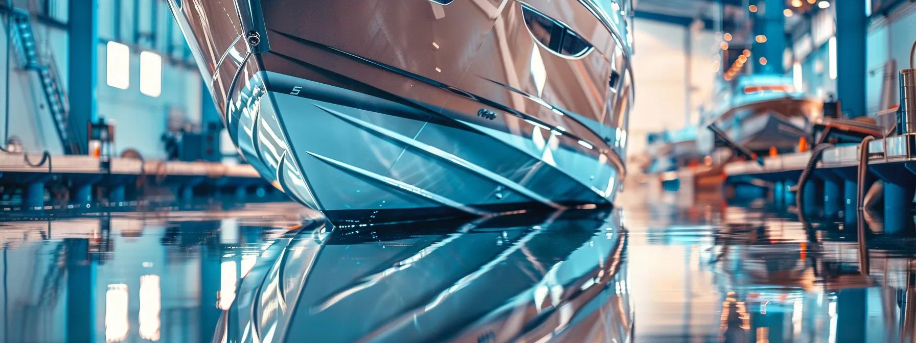 a close-up view of a sleek, polished boat undergoing meticulous detailing in a bright, modern marina workshop, showcasing professional-grade tools and vibrant reflections on the pristine hull.