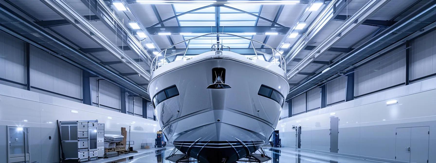 a pristine yacht gleams in a modern boat detailing facility, showcasing the meticulous craftsmanship of marine cleaning and restoration under bright, crisp overhead lights.