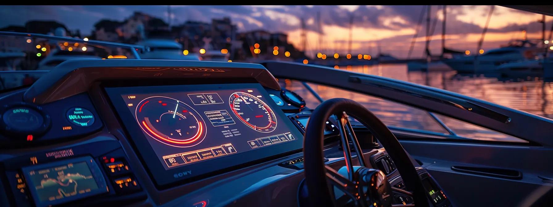 a sleek, high-tech boat dashboard illuminated by soft led lights displays real-time performance metrics, with gauges tracking speed, fuel efficiency, and steering responsiveness against a backdrop of a vibrant urban marina at sunset. Monitor Your Boat's Performance and Handling