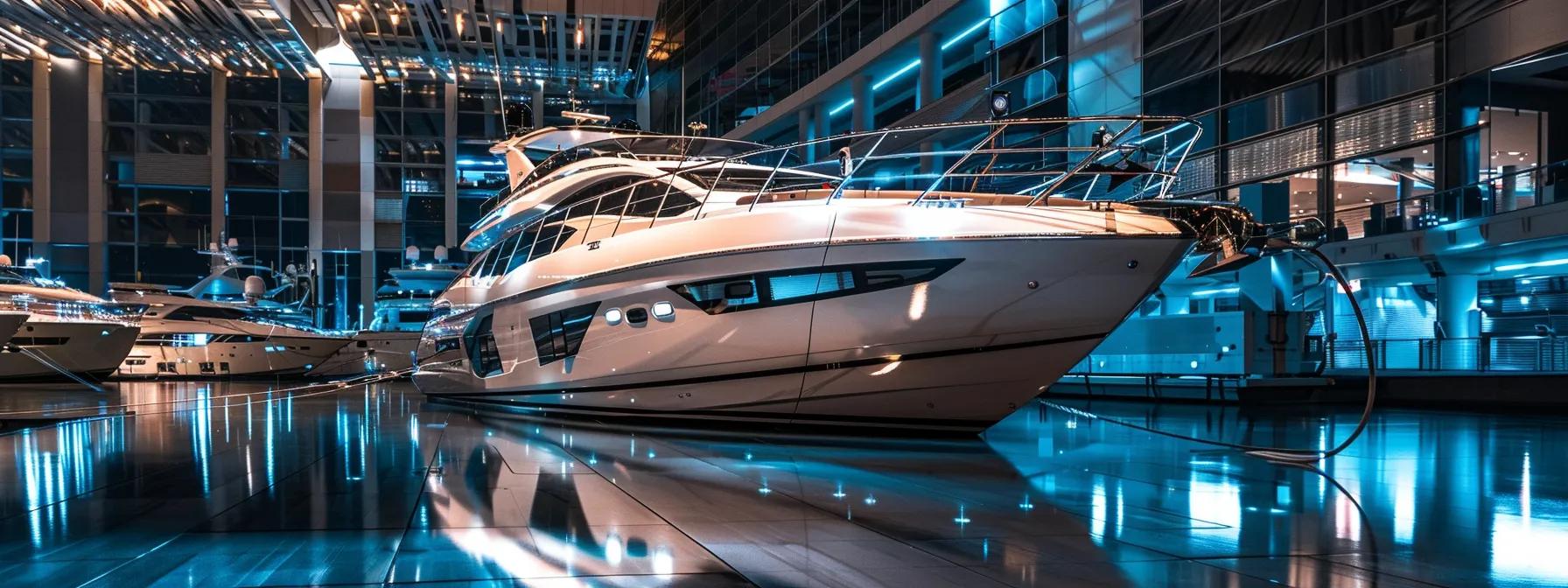 a sleek, meticulously detailed boat is showcased in a modern marina, illuminated by bright artificial lights, highlighting the pristine surfaces and gleaming fixtures while a professional detailer uses specialized tools to expertly clean the engine room. Explore Essential Boat Detailing Techniques for Beaufort Owners