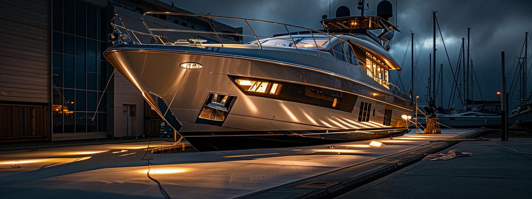 a sleek, meticulously detailed yacht gleams under the bright lights of a modern marina's detailing shop, showcasing the precision and care of professional boat detailing services. Evaluate the Benefits of Professional Boat Detailing Services