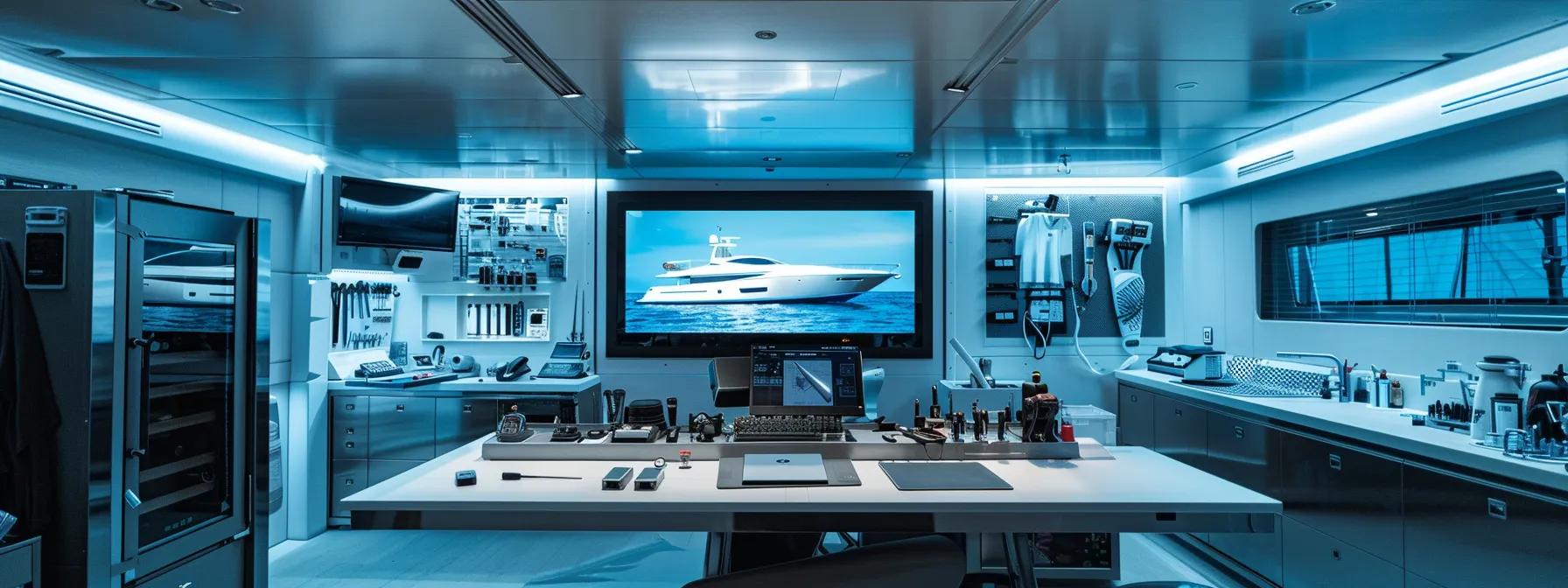 a sleek, modern workspace with a large digital screen displaying a detailed boat maintenance schedule, surrounded by tools and materials organized neatly on a polished workstation, illuminated by focused overhead lighting to emphasize efficiency and professionalism. Establishing an Effective Boat Maintenance Schedule