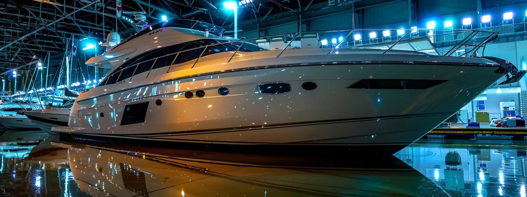 a sleek, polished yacht glimmers under the bright lights of a modern marina, showcasing the meticulous work of a detailing service, with a backdrop of expertly arranged professional boat cleaning equipment and vibrant customer testimonials displayed prominently on nearby digital screens. Find the Best Boat Detailing Services in Beaufort, SC