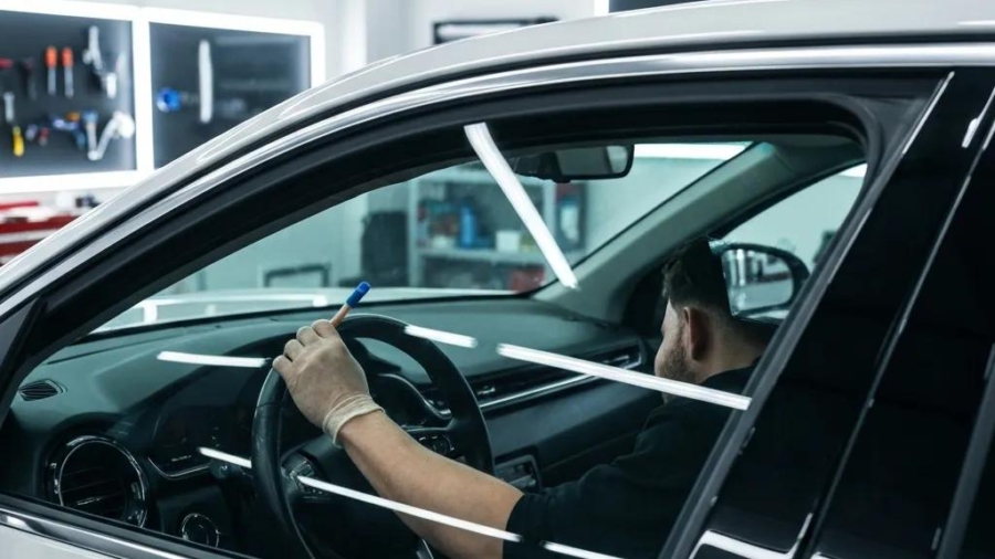 Technician installing ceramic window tint on a car, showing professional application