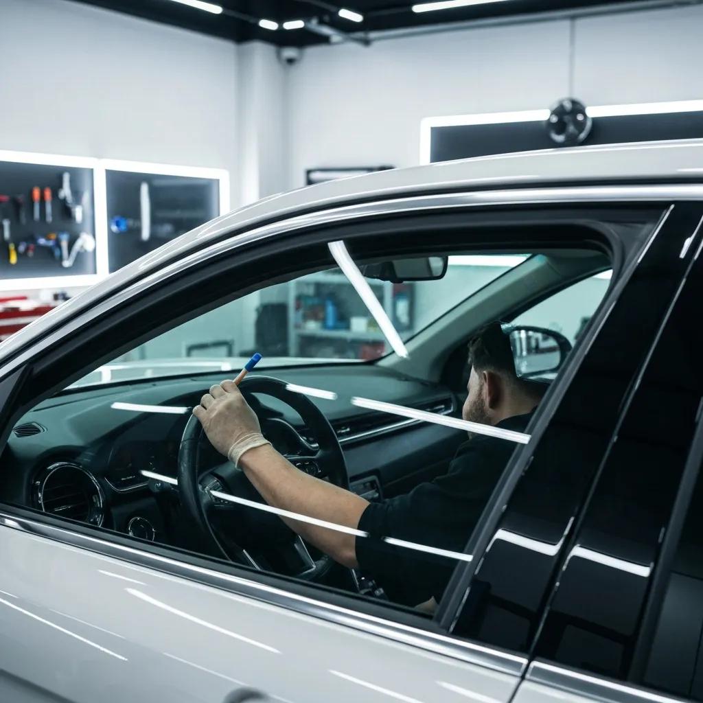 Technician installing ceramic window tint on a car, showing professional application