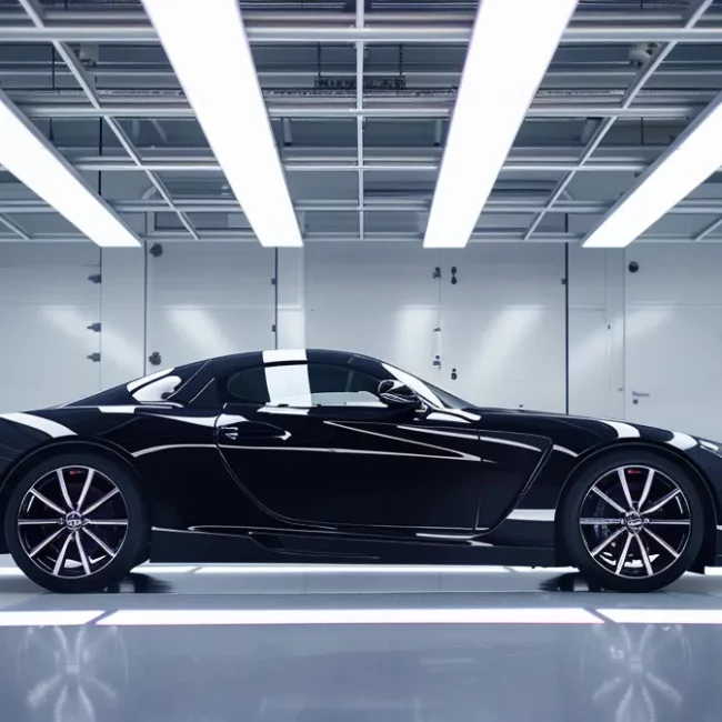 a sleek, polished car glistens under bright overhead lights in a modern, immaculate detailing studio, showcasing the precision and care of professional car detailing services.